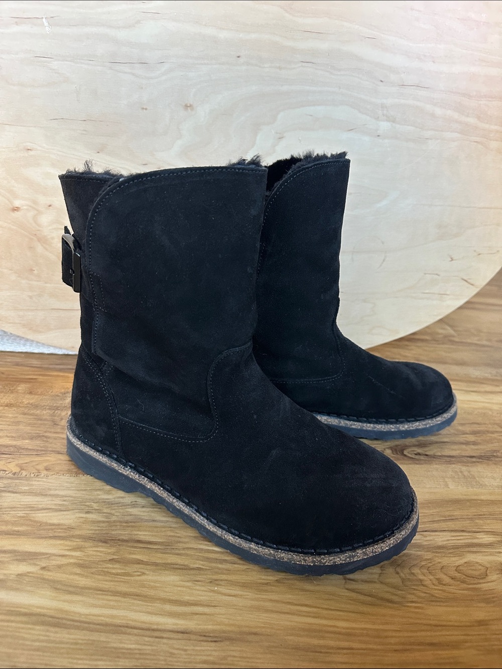 Birkenstock Uppsala Shearling Boots Women’s 37 Black Suede Lined Mid Calf Buckle